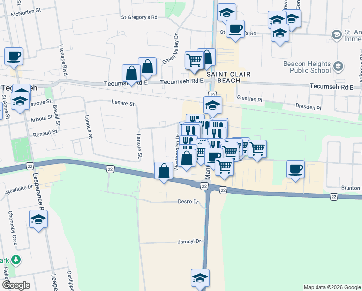 map of restaurants, bars, coffee shops, grocery stores, and more near 1582 Heatherglen Drive in Windsor