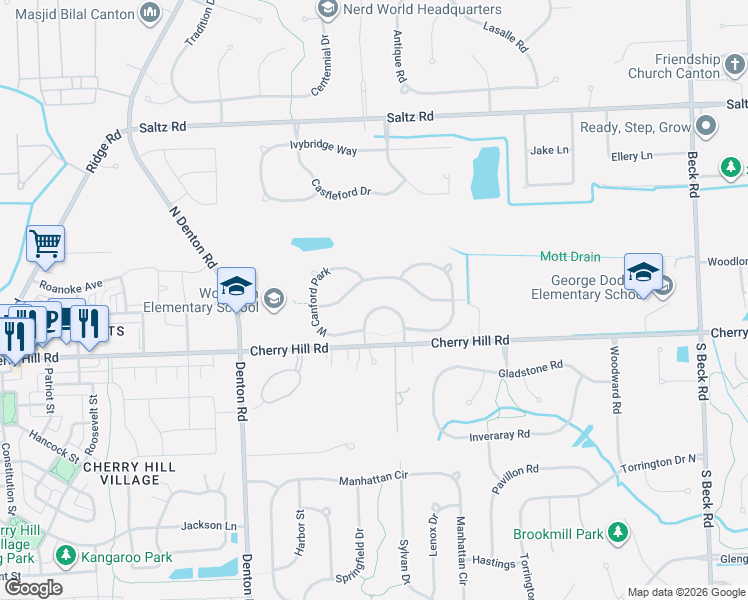 map of restaurants, bars, coffee shops, grocery stores, and more near 48854 Crescent Drive in Canton