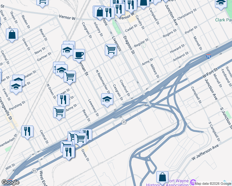 map of restaurants, bars, coffee shops, grocery stores, and more near 1035 North Rademacher Street in Detroit
