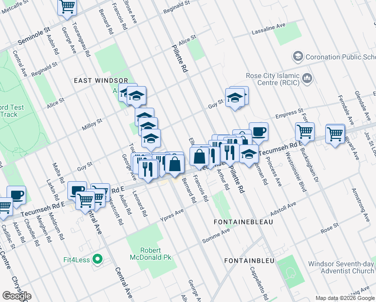 map of restaurants, bars, coffee shops, grocery stores, and more near 1978 Ellrose Avenue in Windsor