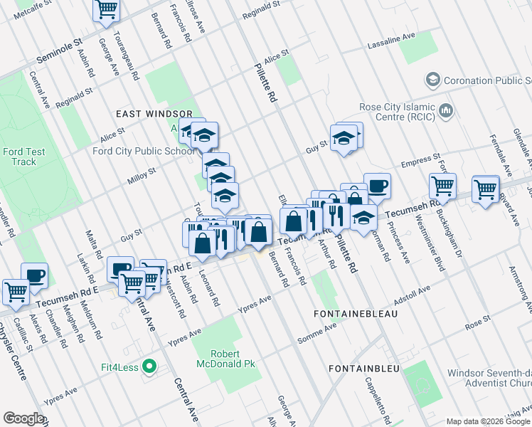map of restaurants, bars, coffee shops, grocery stores, and more near in Windsor