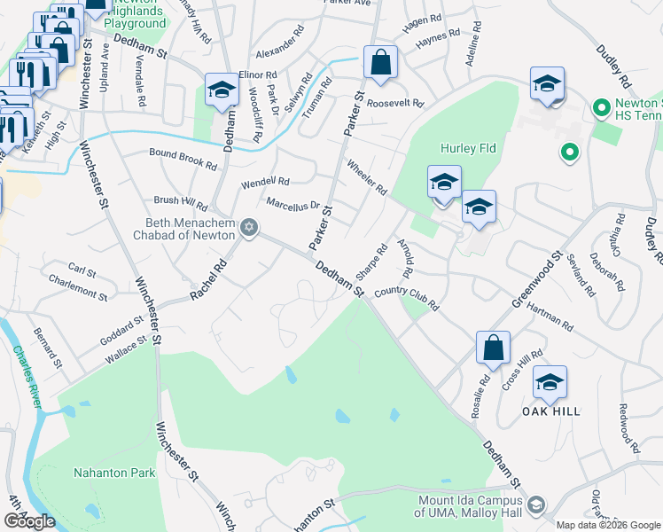 map of restaurants, bars, coffee shops, grocery stores, and more near 432 Dedham Street in Newton
