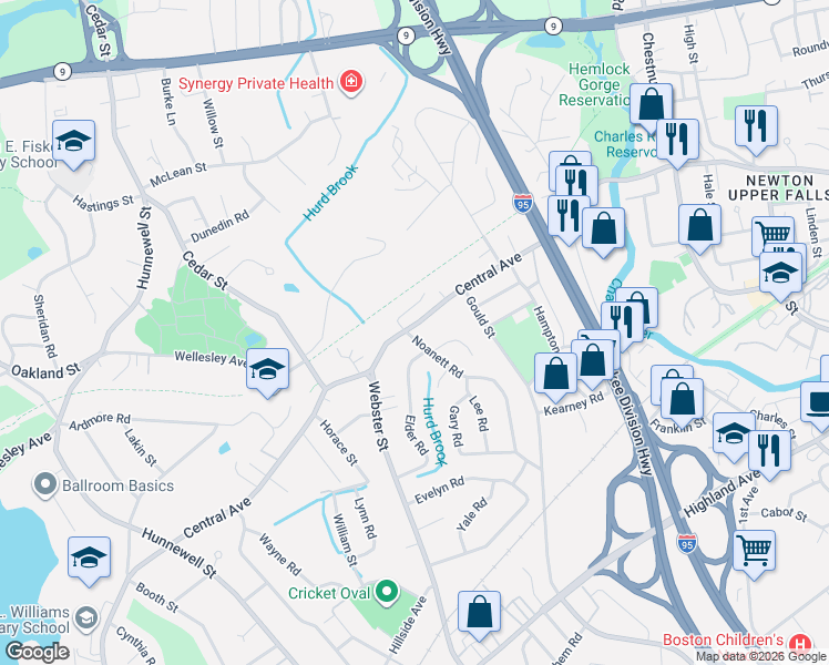 map of restaurants, bars, coffee shops, grocery stores, and more near 212 Central Avenue in Needham