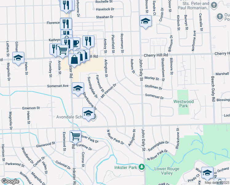 map of restaurants, bars, coffee shops, grocery stores, and more near 540 Arlington Street in Inkster