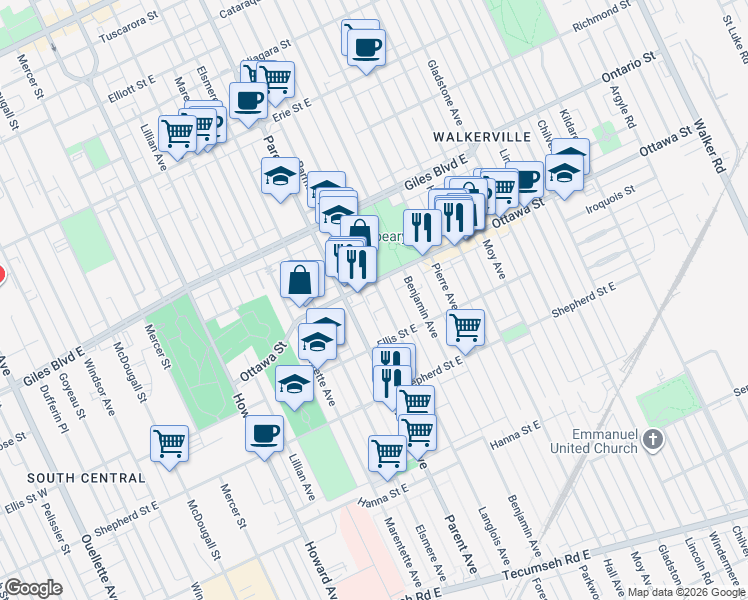 map of restaurants, bars, coffee shops, grocery stores, and more near 1323 Langlois Avenue in Windsor