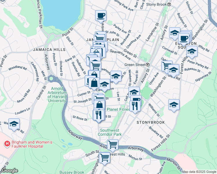 map of restaurants, bars, coffee shops, grocery stores, and more near 54 Carolina Avenue in Boston