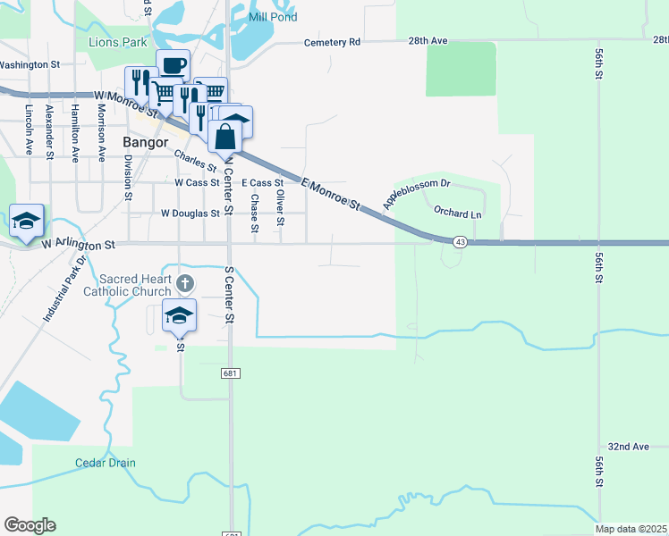 map of restaurants, bars, coffee shops, grocery stores, and more near 309 East Arlington Street in Bangor