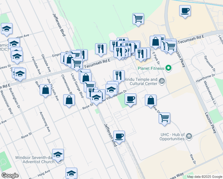 map of restaurants, bars, coffee shops, grocery stores, and more near 6255 Thornberry Crescent in Windsor