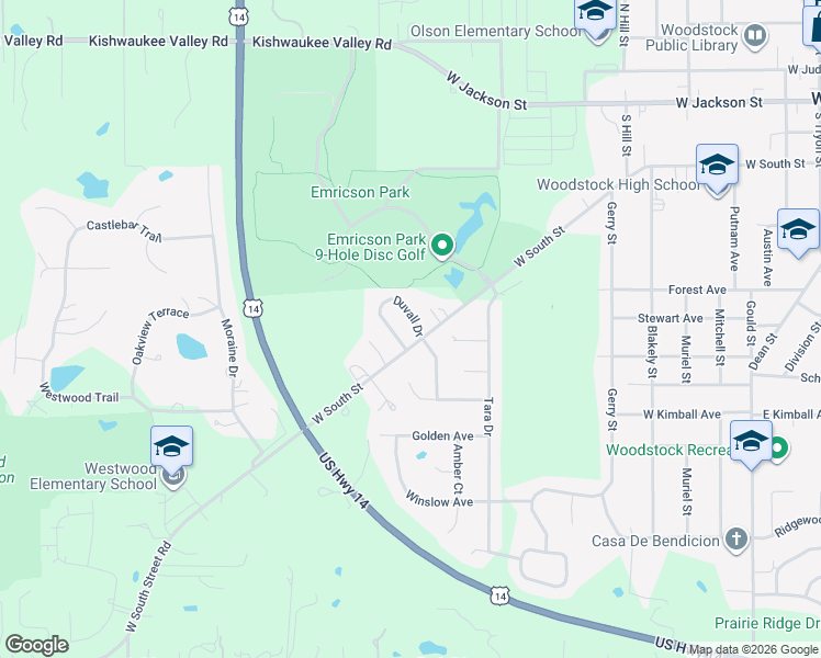 map of restaurants, bars, coffee shops, grocery stores, and more near 1051 West South Street in Woodstock