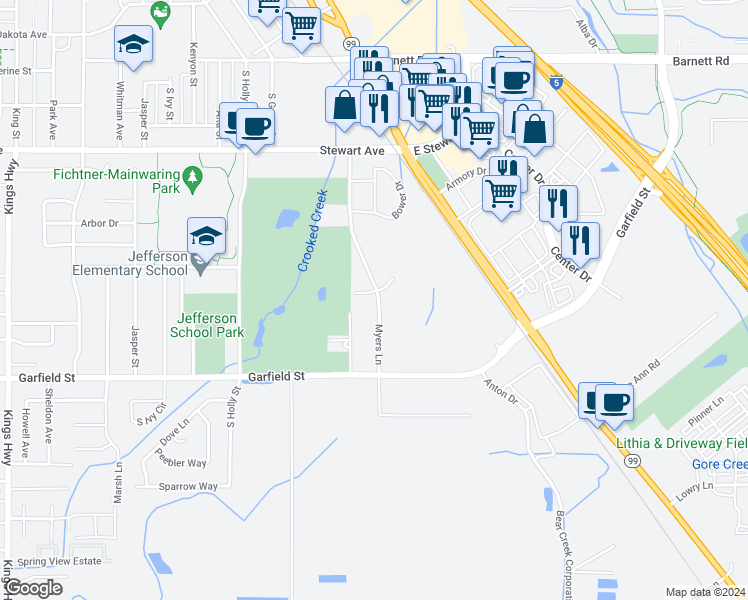 map of restaurants, bars, coffee shops, grocery stores, and more near 1574 Myers Lane in Medford