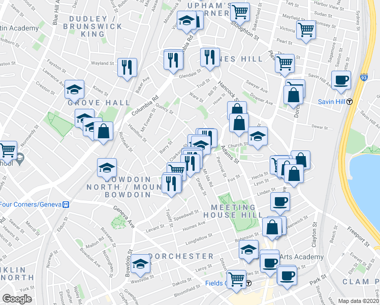 map of restaurants, bars, coffee shops, grocery stores, and more near 66 Coleman Street in Boston