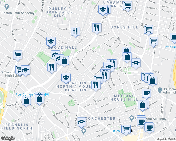 map of restaurants, bars, coffee shops, grocery stores, and more near 80 Barry Street in Boston