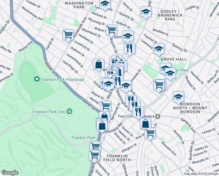 map of restaurants, bars, coffee shops, grocery stores, and more near 488 Blue Hill Avenue in Boston