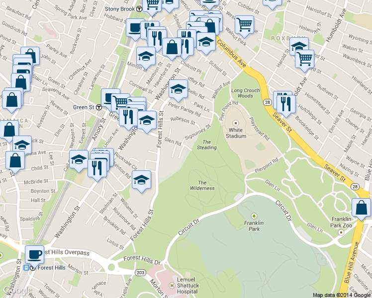 map of restaurants, bars, coffee shops, grocery stores, and more near 12 Glade Avenue in Boston
