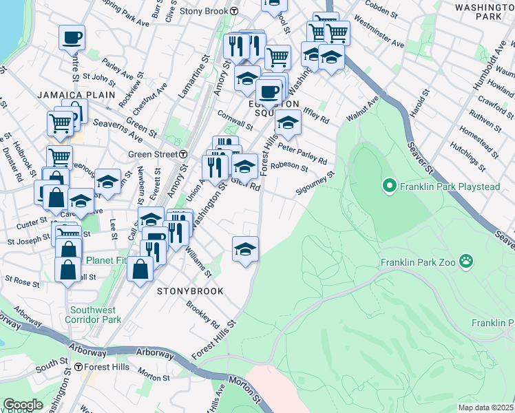 map of restaurants, bars, coffee shops, grocery stores, and more near 143 Forest Hills Street in Boston