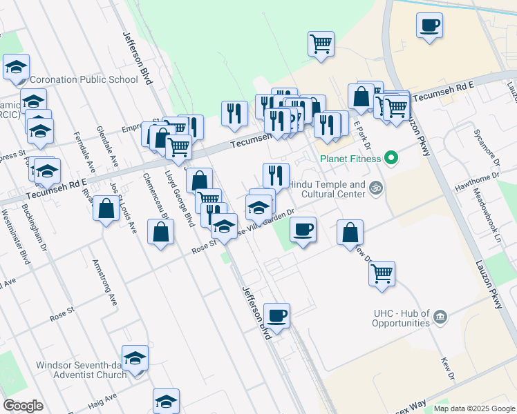 map of restaurants, bars, coffee shops, grocery stores, and more near 6265 Rose-Ville Garden Drive in Windsor