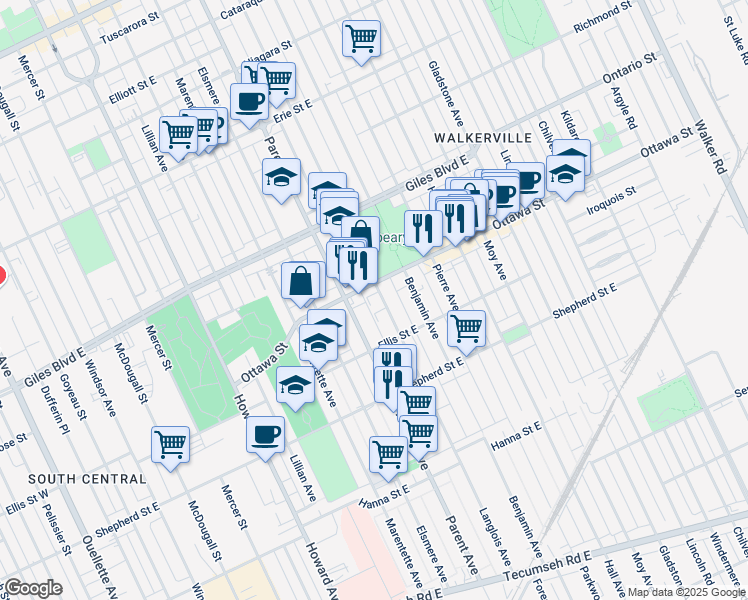 map of restaurants, bars, coffee shops, grocery stores, and more near 941 Ottawa Street in Windsor