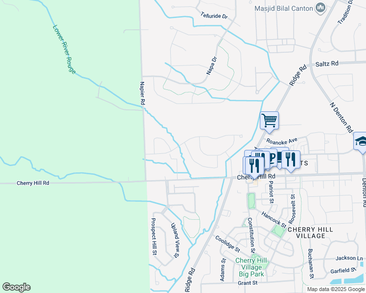 map of restaurants, bars, coffee shops, grocery stores, and more near 51262 Cherry Hill Road in Canton