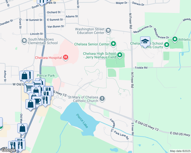 map of restaurants, bars, coffee shops, grocery stores, and more near 100 Silver Maples Drive in Chelsea