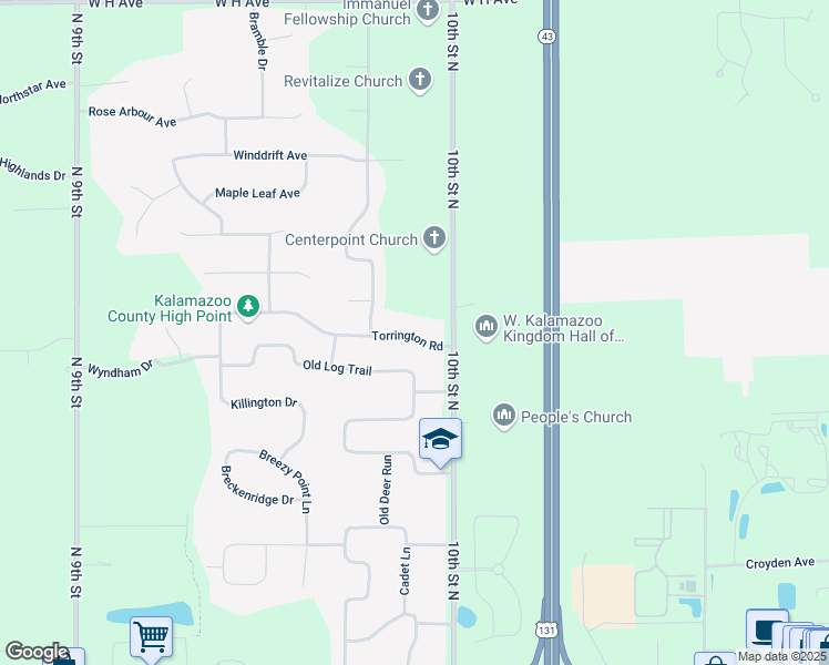 map of restaurants, bars, coffee shops, grocery stores, and more near 6112 Old Log Trail in Kalamazoo