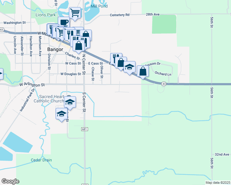 map of restaurants, bars, coffee shops, grocery stores, and more near 309 East Arlington Street in Bangor