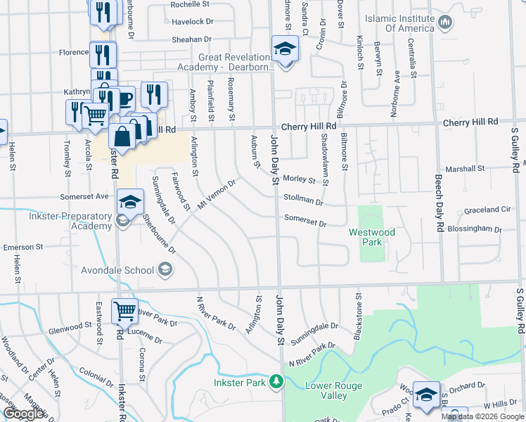 map of restaurants, bars, coffee shops, grocery stores, and more near 494 Brentwood Street in Inkster