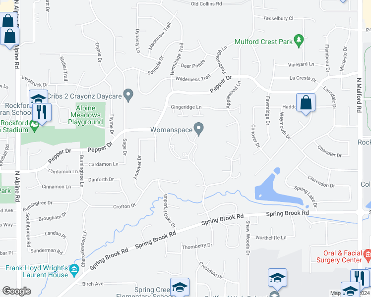 map of restaurants, bars, coffee shops, grocery stores, and more near 3330 Marie Linden Drive in Rockford