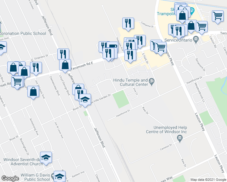 map of restaurants, bars, coffee shops, grocery stores, and more near 6605 Thornberry Crescent in Windsor