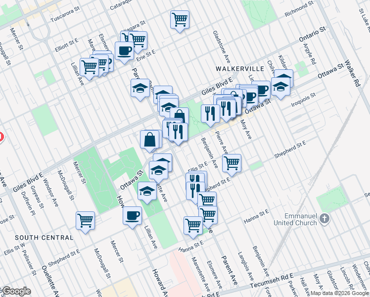 map of restaurants, bars, coffee shops, grocery stores, and more near 1323 Langlois Avenue in Windsor