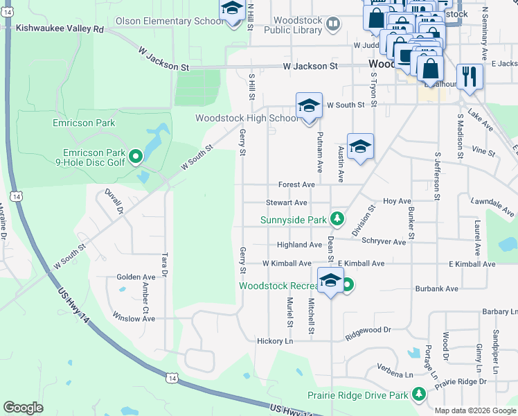 map of restaurants, bars, coffee shops, grocery stores, and more near 830 Blakely Street in Woodstock