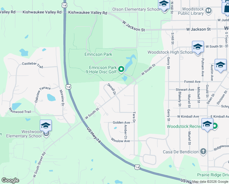 map of restaurants, bars, coffee shops, grocery stores, and more near 1110 West South Street in Woodstock