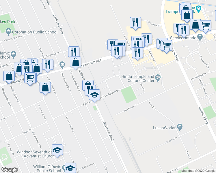 map of restaurants, bars, coffee shops, grocery stores, and more near 6277 Thornberry Crescent in Windsor