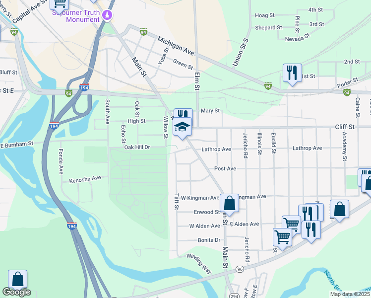 map of restaurants, bars, coffee shops, grocery stores, and more near 20 Newark Avenue in Battle Creek