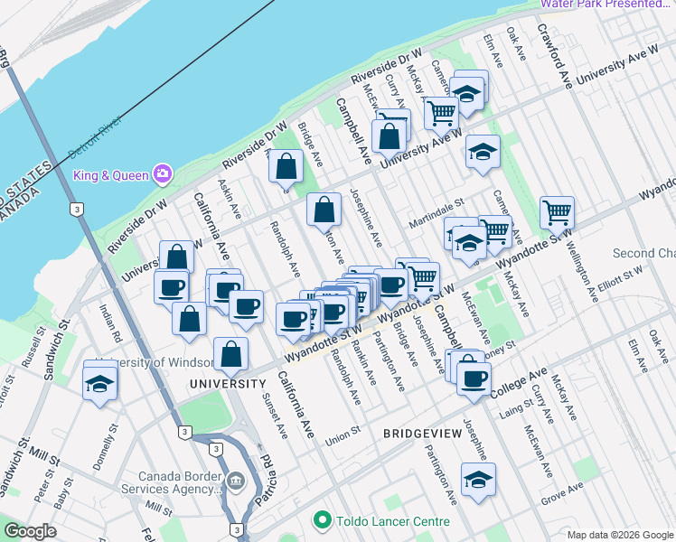 map of restaurants, bars, coffee shops, grocery stores, and more near in Windsor