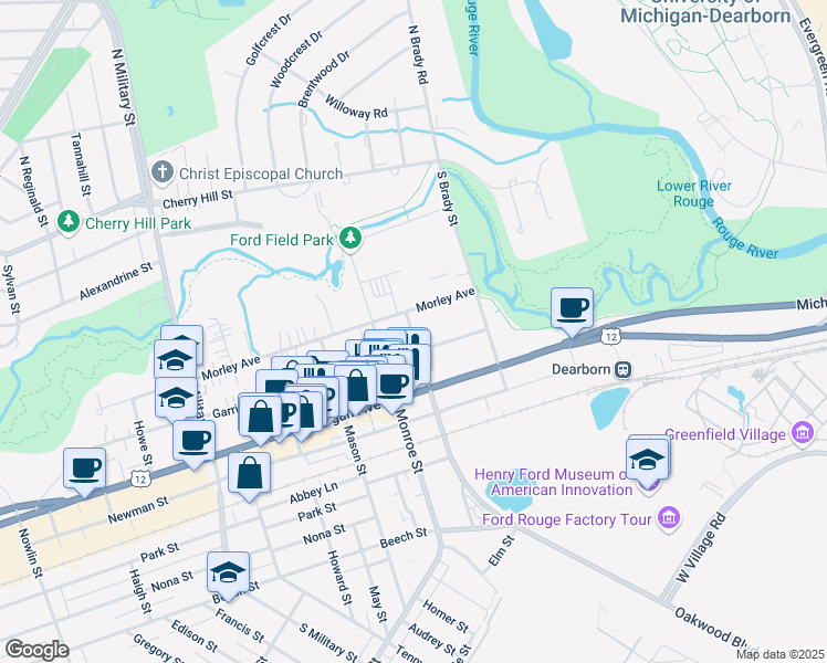 map of restaurants, bars, coffee shops, grocery stores, and more near 21952 Garrison Street in Dearborn