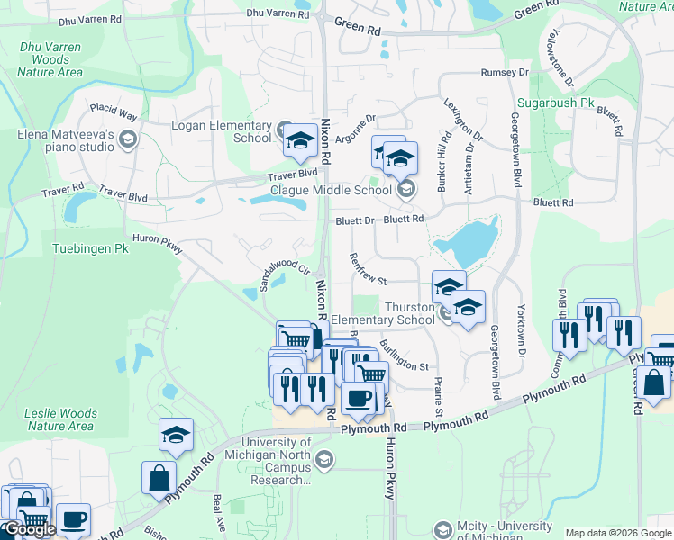 map of restaurants, bars, coffee shops, grocery stores, and more near 2350 Nixon Rd Service Dr in Ann Arbor