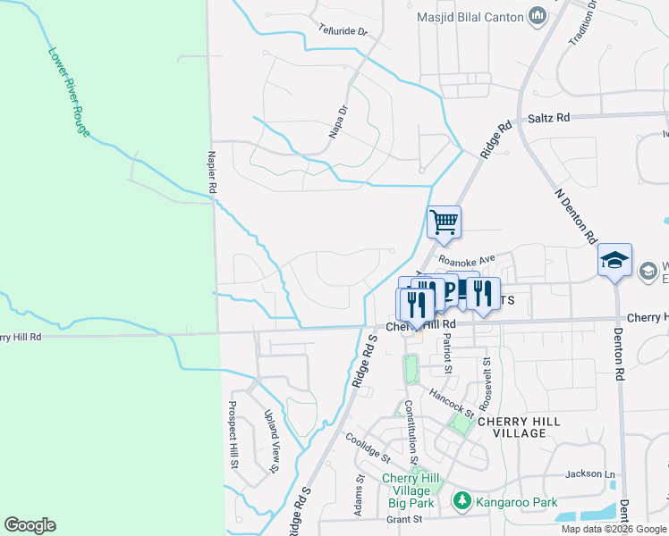 map of restaurants, bars, coffee shops, grocery stores, and more near 50710-51216 Cherry Hill Road in Canton