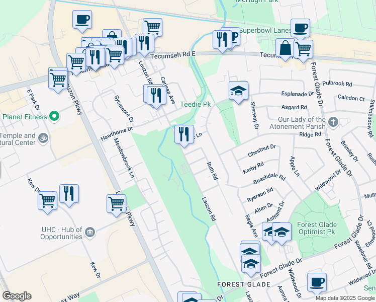 map of restaurants, bars, coffee shops, grocery stores, and more near 7918 Faholo Crescent in Windsor
