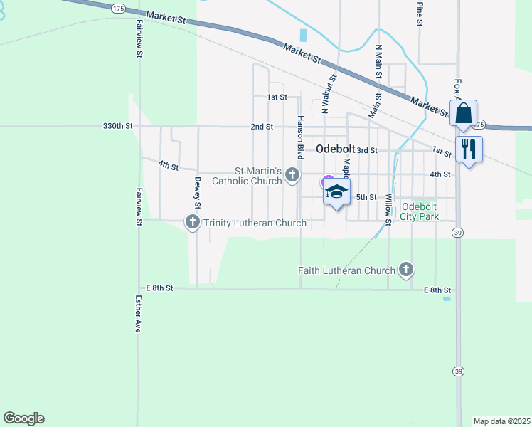 map of restaurants, bars, coffee shops, grocery stores, and more near 500-516 6th Street in Odebolt