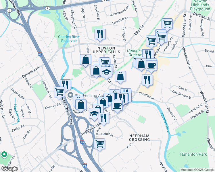 map of restaurants, bars, coffee shops, grocery stores, and more near 17 Saco Street in Newton