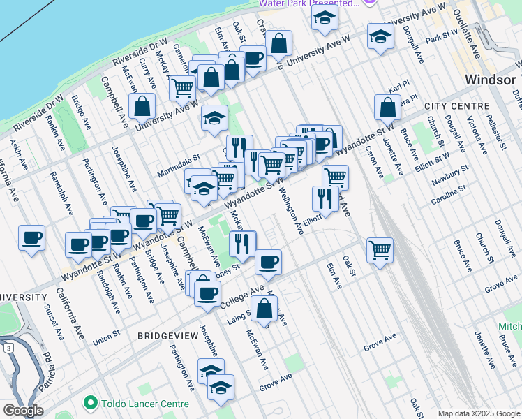map of restaurants, bars, coffee shops, grocery stores, and more near 681 Cameron Avenue in Windsor
