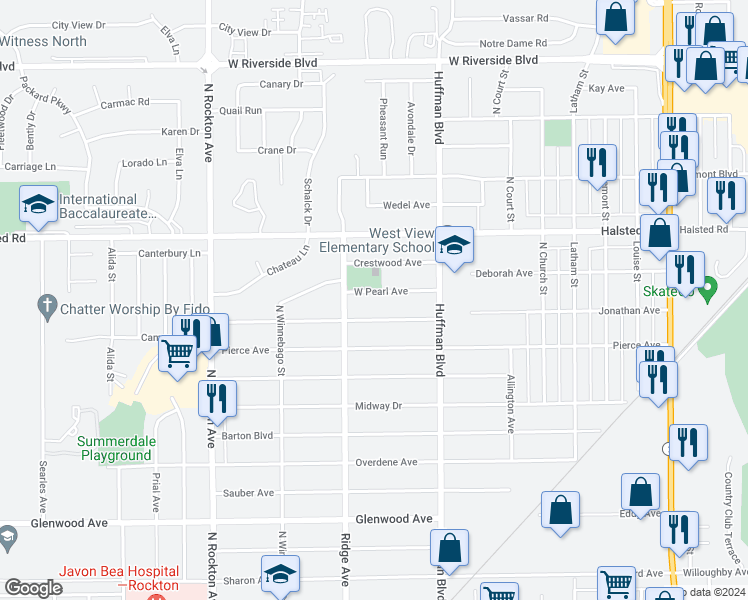map of restaurants, bars, coffee shops, grocery stores, and more near 2004 West Pearl Avenue in Rockford