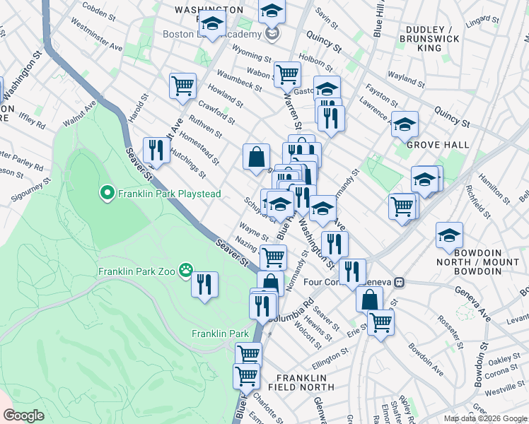 map of restaurants, bars, coffee shops, grocery stores, and more near 7 Wayne Street in Boston