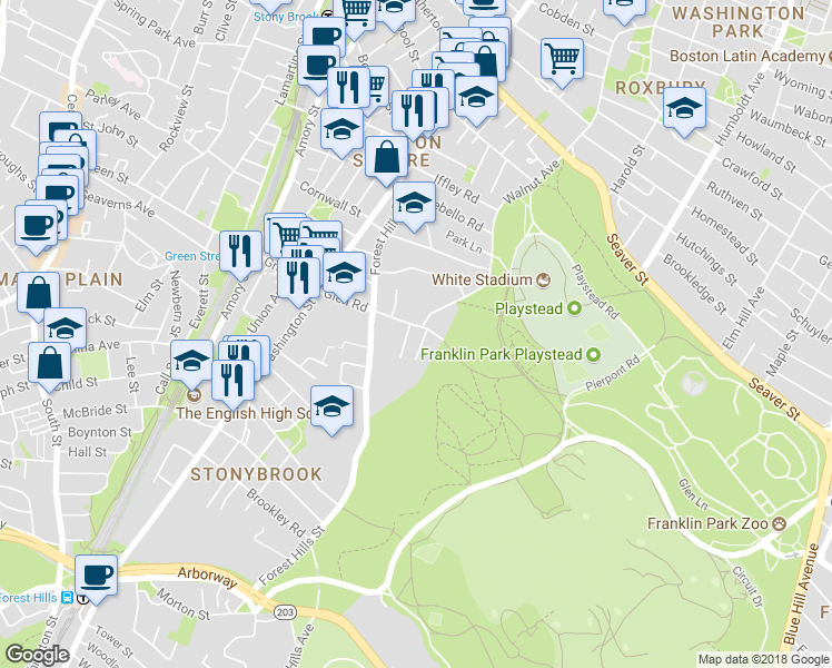 map of restaurants, bars, coffee shops, grocery stores, and more near 16 Glenside Avenue in Boston