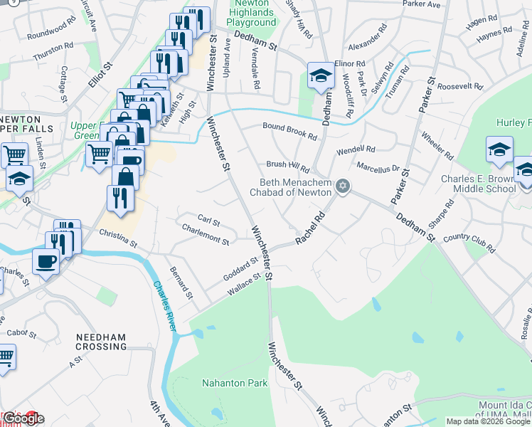 map of restaurants, bars, coffee shops, grocery stores, and more near 345 Upland Avenue in Newton