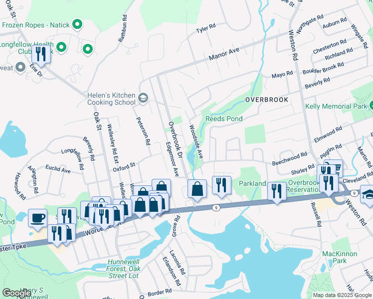 map of restaurants, bars, coffee shops, grocery stores, and more near 42 Overbrook Drive in Wellesley