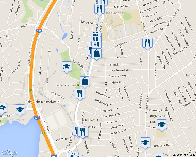 map of restaurants, bars, coffee shops, grocery stores, and more near 30 Airlie Street in Worcester
