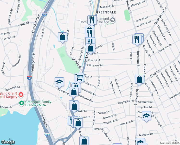 map of restaurants, bars, coffee shops, grocery stores, and more near 30 Airlie Street in Worcester