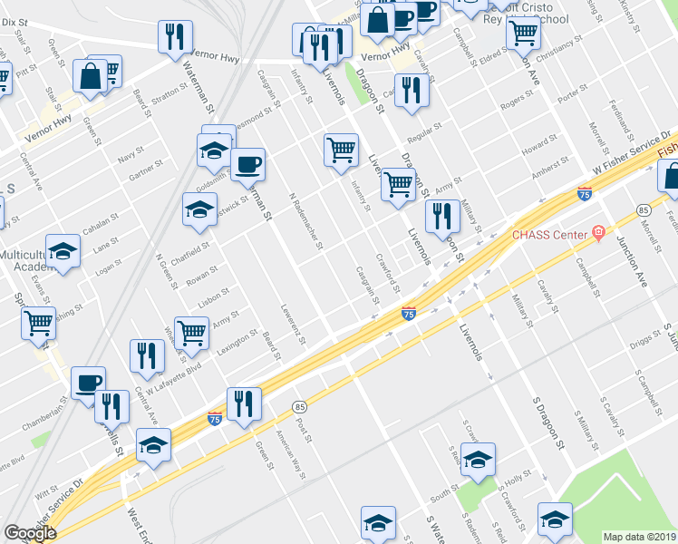 map of restaurants, bars, coffee shops, grocery stores, and more near 1035 North Rademacher Street in Detroit