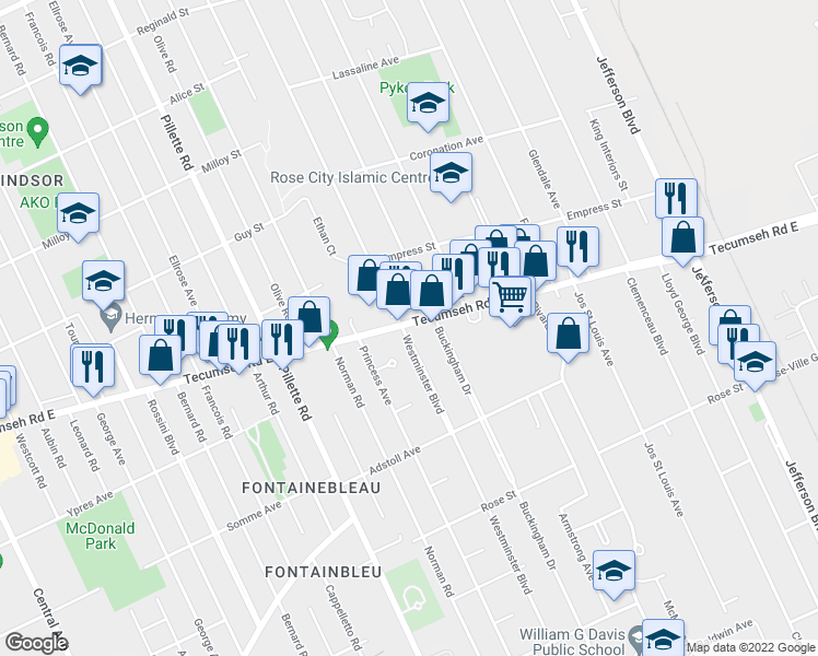 map of restaurants, bars, coffee shops, grocery stores, and more near 5135 Tecumseh Road East in Windsor